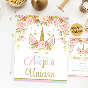 Adopt a unicorn sign + certificate, adoption sign, adoption kit, floral unicorn birthday party favors, digital printable, instant download