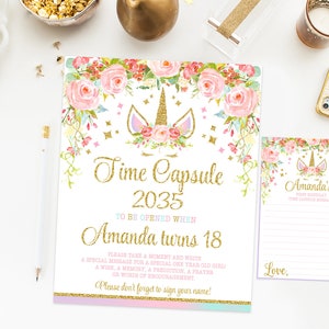 Unicorn Zeitkapsel Geburtstag Einhorn, Einhorn Geburtstagsparty, Blumen lila mint rosa und gold, Aquarell Einhorn Gesicht Kopf, printable