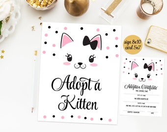 Adopt a kitten sign + certificate, kitty adoption sign, adoption kit, cat birthday party favors, digital printable, instant download