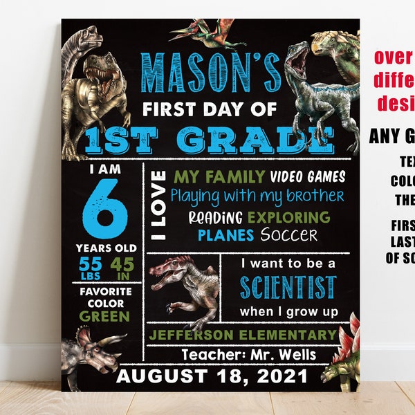 Dinosaur First day of school sign printable, preschool, kindergarten, pre-k, boy back to school chalkboard 1st 2nd 3rd 4th 5th Any grade