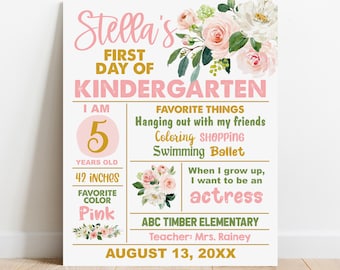 May include: A white sign with pink and gold text, floral accents, and the words "Stella's First Day of Kindergarten." It includes details like age, height (42 inches), favorite color, and aspirations to be an actress.