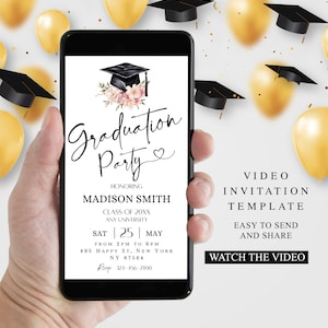 Video Graduation Invitation, Floral Boho Minimalist Invite, Animated Grad Announcement, Grad Party Evite, Editable Template Instant Download