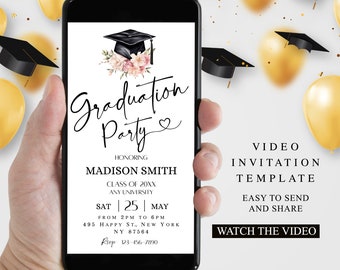 Graduation Video Invitation, Floral Boho Minimalist Invite, Animated Grad Announcement, Grad Party Evite, Editable Template Instant Download