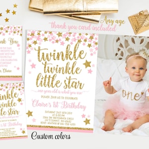Brilha, brilha, pequena estrela, convite para o primeiro aniversário, convite para o primeiro aniversário de uma menina rosa e dourada, cartão de agradecimento, convite com foto