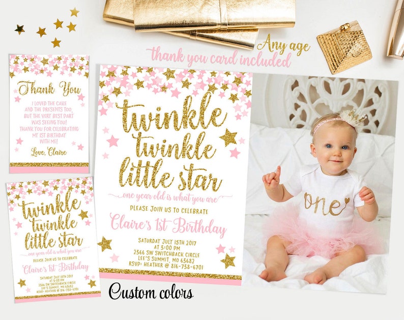 Twinkle twinkle little star first birthday invitation, Pink and gold girl 1st birthday invite, thank you card, photo invitation image 1