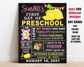 Lemon First day of school sign printable, Girl back to school chalkboard, Kindergarten, Pre-k, 1st 2nd 3rd 4th 5th 6 grade, Last day digital