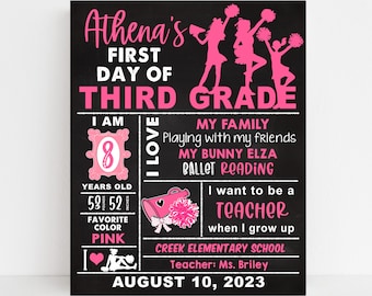 Cheer First or Last day of school sign printable, girl back to school chalkboard poster, kindergarten preschool, 1st 2nd 3rd 4th 5 6 7 grade