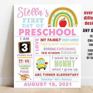 Rainbow First day of school printable sign, Girl back to school white poster, preschool, kindergarten, pre-k, 1st 2nd 3rd 4th 5th 6 grade