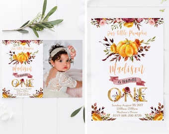 May include: A birthday invitation with a watercolor design. The invitation features the text "Our little Pumpkin" and "Madison is turning ONE". The design includes a pumpkin and floral accents. A photo of a baby girl is also included.