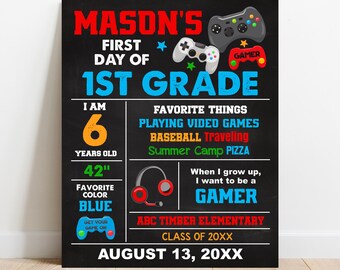 EDITABLE Gamer First or Last day of school sign, Boy Personalized Any Grade Kindergarten Photo Prop, Digital Printable Template Corjl S073