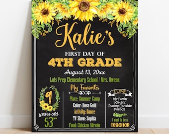 EDITABLE Sunflowers First or Last day of school sign Any Grade Kindergarten Preschool Pre-K Photo Prop Digital Printable Template Corjl S053