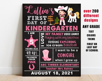 Cowgirl First day of school sign printable, girl back to school chalkboard poster, preschool, kindergarten, pre-k, 1st 2nd 3rd 4th grade