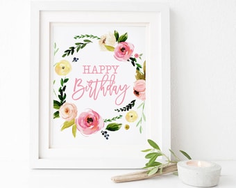 Signo de cumpleaños feliz imprimible, fiesta de cumpleaños floral boho, arte de la pared de la guardería, decoración de la mesa, corona de flores, descarga instantánea 009
