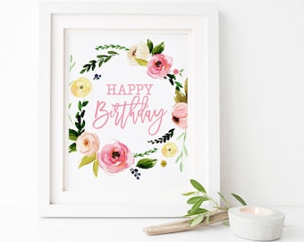 Happy birthday sign printable, boho floral birthday party, nursery wall art, table decor, flowers wreath, instant download 009