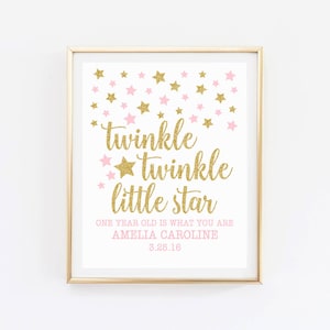 Twinkle twinkle little star un anno è ciò che sei segno stampabile, decorazione per la prima festa di compleanno, stampa glitter rosa e oro