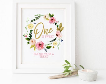 One is sweet please take a treat sign printable, pink and gold first birthday party, table decoration, boho flowers, instant download 009