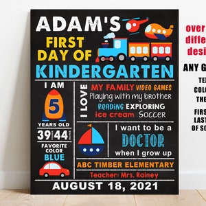Transport First day of school sign printable, boy back to school chalkboard poster preschool pre-k kindergarten Cars plane rocket ship train