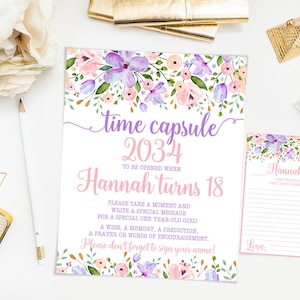 Zeitkapsel Geburtstag Zeichen, Boho Blumen Geburtstagsparty, Aquarell Blumen, Blush rosa und Lavendel, printable print