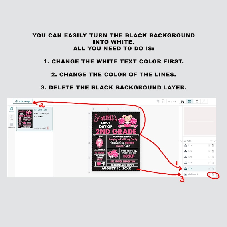 May include: A digital design for a 2nd-grade school sign with a black background and pink and white text. The sign includes the name "Scarlett's", the words "First Day of 2nd Grade", and other details. Instructions on how to change the background color are also included.
