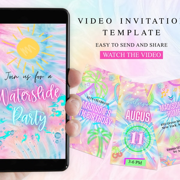 Water Slide Birthday Party Video Invitation, Editable Animated Tie Dye Glow Neon Pool Splash Pad Waterpark Phone Evite, Canva template