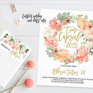 Zeitkapsel Geburtstag Schild mit Karten, Blumenkranz erste Geburtstagsparty, Aquarell Blumen Pfingstrosen, printable Print 005