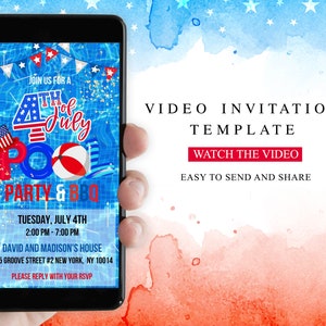 4th of July Pool Party & BBQ Video Invitation, Editable Mobile Invite, Animated Patriotic Evite, Party in the USA, Canva Template, Digital