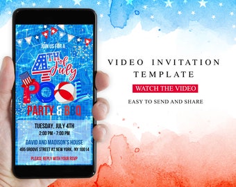 4th of July Pool Party & BBQ Video Invitation, Editable Mobile Invite, Animated Patriotic Evite, Party in the USA, Canva Template, Digital