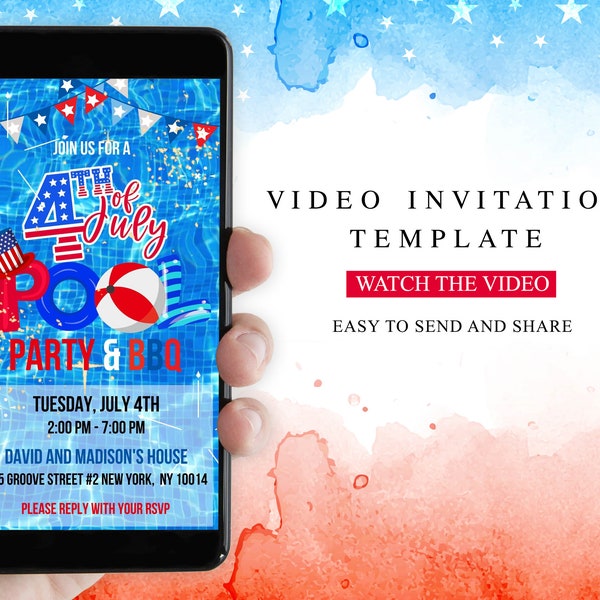 4th of July Pool Party & BBQ Video Invitation, Editable Mobile Invite, Animated Patriotic Evite, Party in the USA, Canva Template, Digital