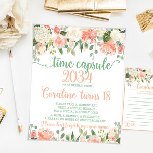 Zeitkapsel Geburtstag, Pfirsich Blumen Geburtstagsparty, Aquarell Blumen Pfingstrosen, printable Print 005
