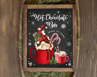 Gnome Hot chocolate bar sign printable, Christmas party decorations Farmhouse Holiday Kitchen Decor Chalkboard Winter party Instant download