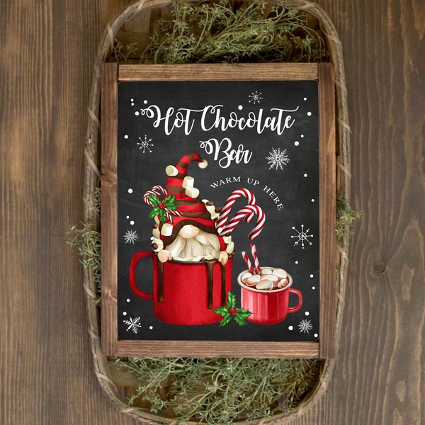 Gnome Hot chocolate bar sign printable, Christmas party decorations Farmhouse Holiday Kitchen Decor Chalkboard Winter party Instant download