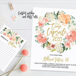 Cápsula do tempo primeiro aniversário placa com cartões, guirlanda floral primeiro aniversário festa, aquarela flores peônias, pêssego ouro, impressão para impressão 005