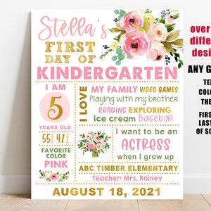 Floral First day of school sign printable, girl back to school white poster, preschool 1st day of kindergarten 1st 2nd 3rd 4th 5 6 7 8 grade