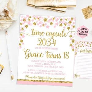 Time capsule first birthday sign, twinkle twinkle little star birthday party, pink and gold first birthday, printable print