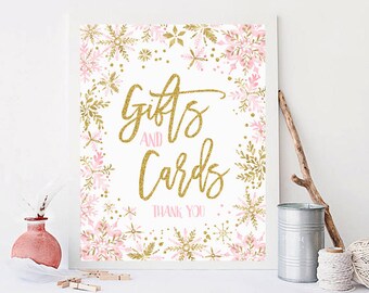 Gifts and cards sign printable, winter onederland first birthday party, light pink and gold watercolor snowflakes, baby shower