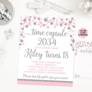 Time capsule first birthday sign, twinkle twinkle little star birthday party, pink and silver first birthday, printable print