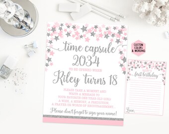 Time capsule first birthday sign, twinkle twinkle little star birthday party, pink and silver first birthday, printable print