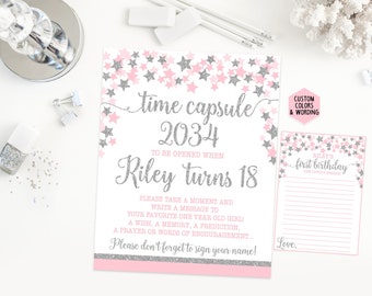 Tidskapselns första födelsedagsskylt, Twinkle Twinkle Little Star födelsedagsfest, rosa och silver första födelsedag, utskrivbart tryck
