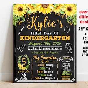 Sunflowers First day of school sign printable girl back to school chalkboard kindergarten preschool 1st 2nd 3rd 4th 5th 6 7 grade photo prop