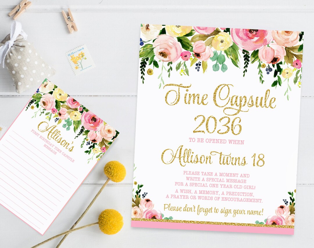 Floral Time Capsule First Birthday Sign and Message Cards, Pink and