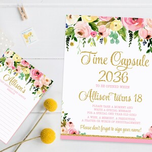 Tarjetas con mensaje y letrero para primer cumpleaños con diseño de cápsula del tiempo floral, fiesta de primer cumpleaños en rosa y dorado, rosa y dorado, impresión digital imprimible 009