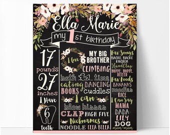 First birthday chalkboard sign, girl birthday chalkboard poster, white or chalkboard background, boho floral board, printable print