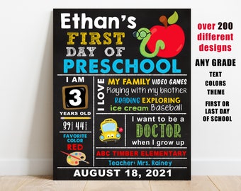 First day of school printable sign, back to school chalkboard, preschool, kindergarten, pre-k, apple worn bus, 1st 2nd 3rd grade photo prop