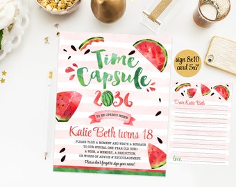 Vattenmelon Tidskapselskylt med kort, en i en melon första födelsedagsfest, flickas 1-årsdag, röd vattenmelon, utskrivbar pdf nr 012