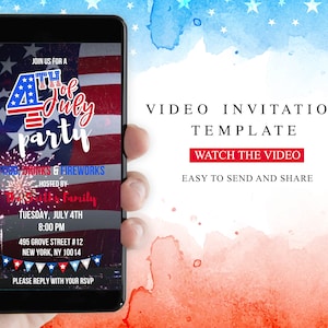 4th of July Video Invitation with sound, Editable Mobile Invite, Animated Patriotic Fireworks Evite, American flag, Canva Template, Digital