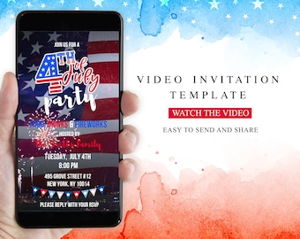 4th of July Video Invitation with sound, Editable Mobile Invite, Animated Patriotic Fireworks Evite, American flag, Canva Template, Digital