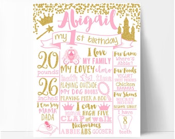 Princess First birthday chalkboard sign, girl royal pink and gold birthday board, white or chalkboard background, printable