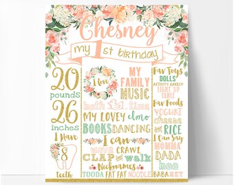 First birthday chalkboard sign, girl peach and gold birthday board, white or chalkboard background, boho flowers peony, printable 005