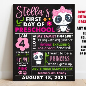 Panda First day of school sign printable, girl back to school chalkboard photo prop, kindergarten, preschool, 1st 2nd 3rd 4th 5 grade, pre-k