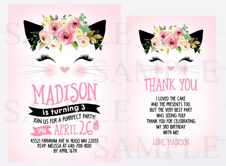 Puede incluir: Invitaci&oacute;n de cumplea&ntilde;os rosa y negra con un gato de dibujos animados que lleva una corona de flores. La invitaci&oacute;n dice "Madison cumple 3 a&ntilde;os" y "&iexcl;&Uacute;nete a nosotros para una fiesta purrfecta!" con un icono de cupcake. La fecha es el 26 de abril. La invitaci&oacute;n tambi&eacute;n incluye una tarjeta de agradecimiento con el texto "Me encant&oacute; el pastel y los regalos tambi&eacute;n. Pero la mejor parte fue verte! &iexcl;Gracias por celebrar mi 3er cumplea&ntilde;os conmigo! Con amor, Madison."